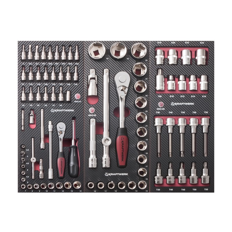 Insert Jeu de clés à douilles 1/4“ + 1/2“ avec sélection Torx, 87 pcs. Kraftwerk Insert Jeu de clés à douilles 1/4“ + 1/2“ avec sélection Torx, 87 pcs. Kraftwerk