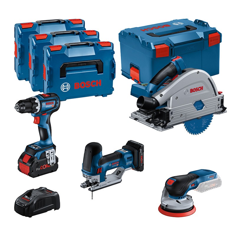 Set de 4 machines 18V + 3 Accus + L-Boxx Bosch