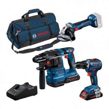 Set de 3 machines 18V + Accus + Sac de transport Bosch