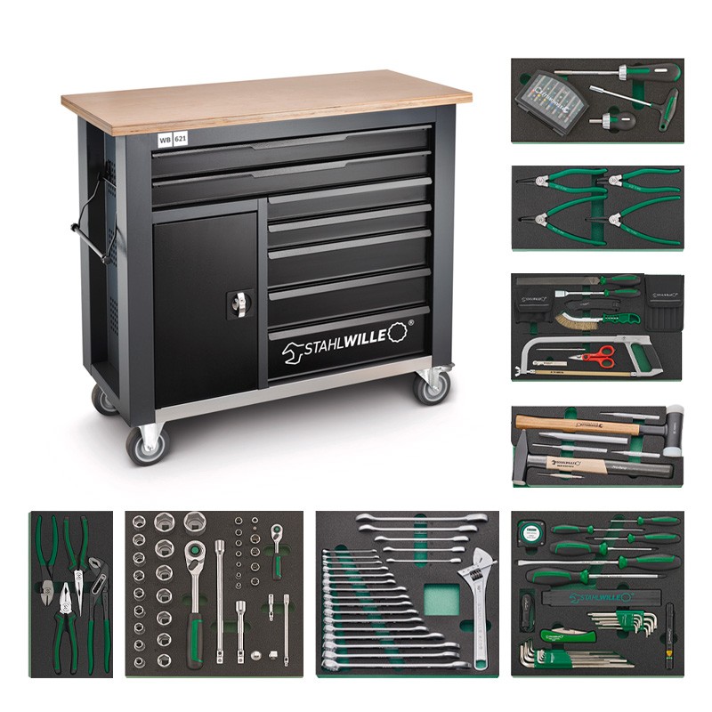 Servante d'atelier 7 tiroirs avec établi, 182 outils 152A Stahlwille
