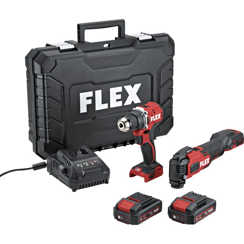 Set Perceuse + Outil multifonctions + 2 Accus et chargeur Flex Set Perceuse + Outil multifonctions + 2 Accus et chargeur Flex