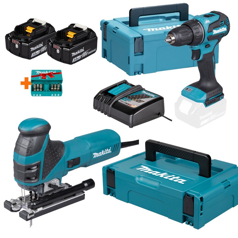 Set 18-V-Bohrmaschine + 2 Akkus DDF490RFJ + Stichsäge 4351FCTJ Makita
