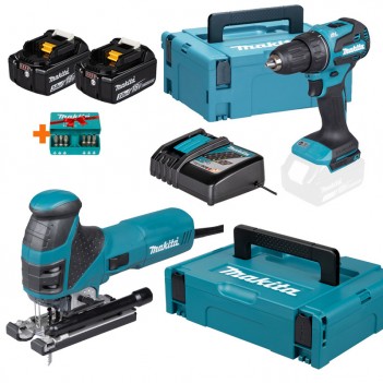 Set Perceuse 18V + 2 Accus DDF490RFJ + Scie sauteuse 4351FCTJ Makita