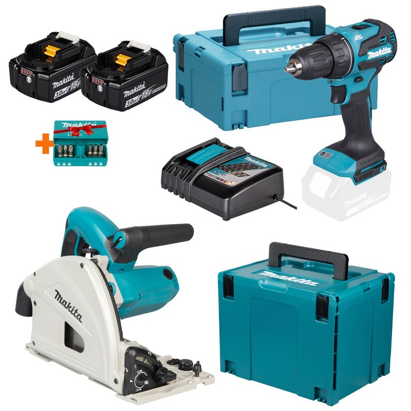 Set Bohrmaschine 18 V + 2 Akkus DDF490RFJ + Tauchsäge SP6000J Makita