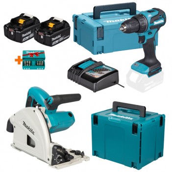 Set Bohrmaschine 18 V + 2 Akkus DDF490RFJ + Tauchsäge SP6000J Makita