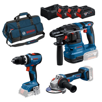 Set de 3 machines 18V + 3 Accus 5Ah + Sac de transport Bosch