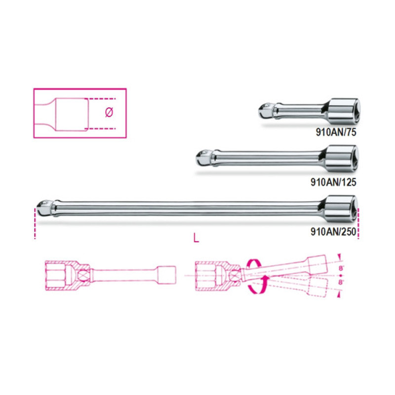 Rallonge angulaire carrés mâle et femelle 3/8" 910AN L75-250mm Beta
