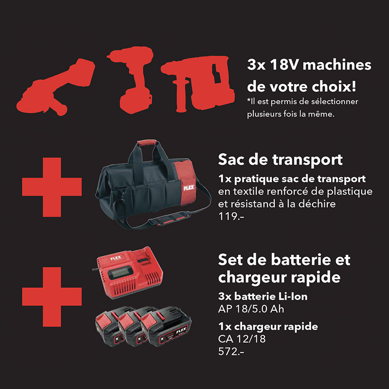 Flex Pack 3 machines 18V au choix + 3 Accus 5Ah + Sac Flex