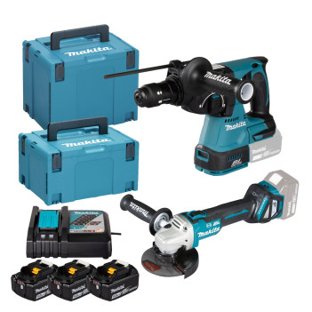 SET Marteau perforateur 3 fonctions + Meuleuse angulaire 18V + 3 accus 5Ah DLX2256TJ1 Makita