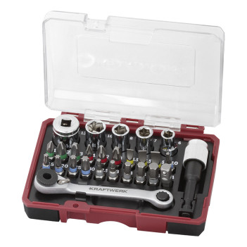 Boîte d'embouts avec mini clé à cliquet 1/4" S2, 27 pcs. Kraftwerk