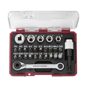 Boîte d'embouts avec mini clé à cliquet 1/4" S2, 27 pcs. Kraftwerk