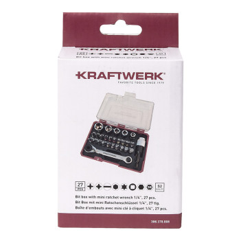 Boîte d'embouts avec mini clé à cliquet 1/4" S2, 27 pcs. Kraftwerk