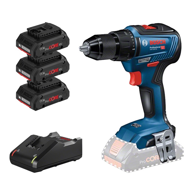 Perceuse-visseuse GSR 18V-55 + 3 Accus ProCORE 4.0Ah Bosch Perceuse-visseuse GSR 18V-55 + 3 Accus ProCORE 4.0Ah Bosch
