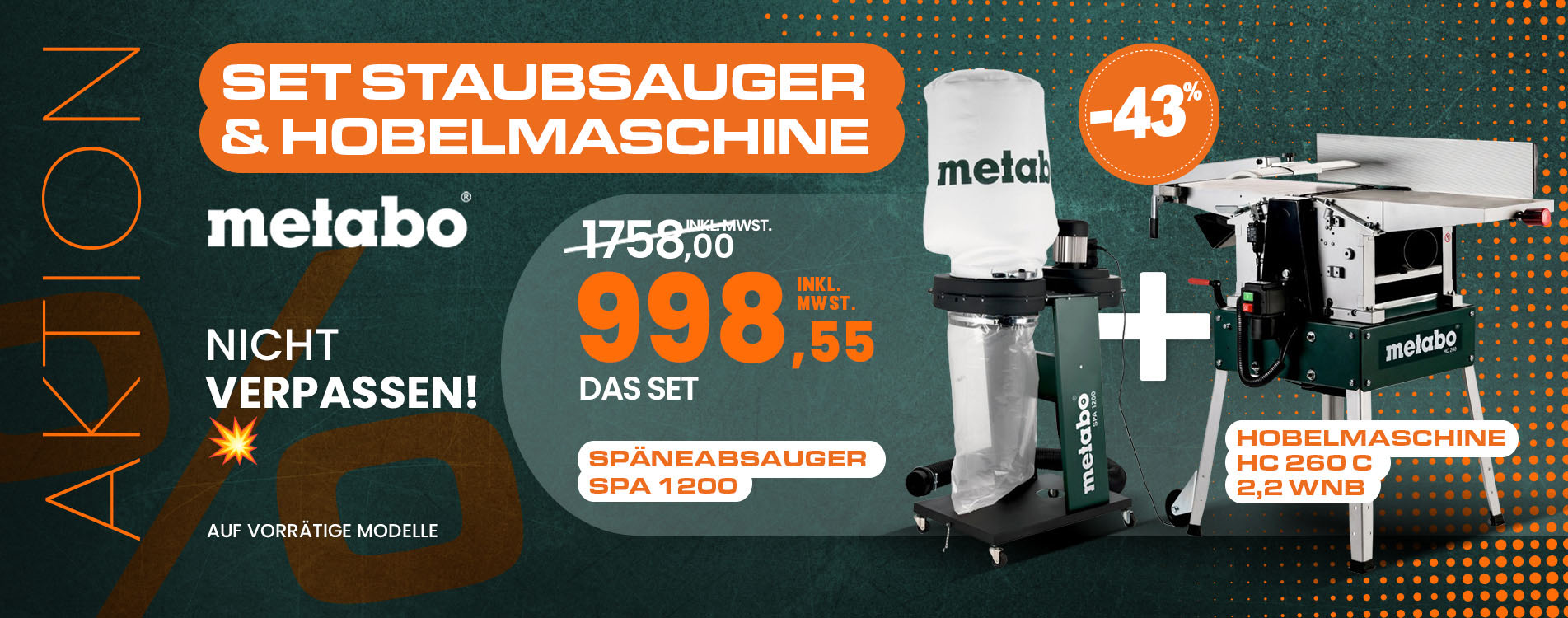 Hobelmaschine HC 260 C - 2,2 WNB + Staubsauger SPA 1200 Metabo Hobelmaschine HC 260 C - 2,2 WNB + Staubsauger SPA 1200 Metabo