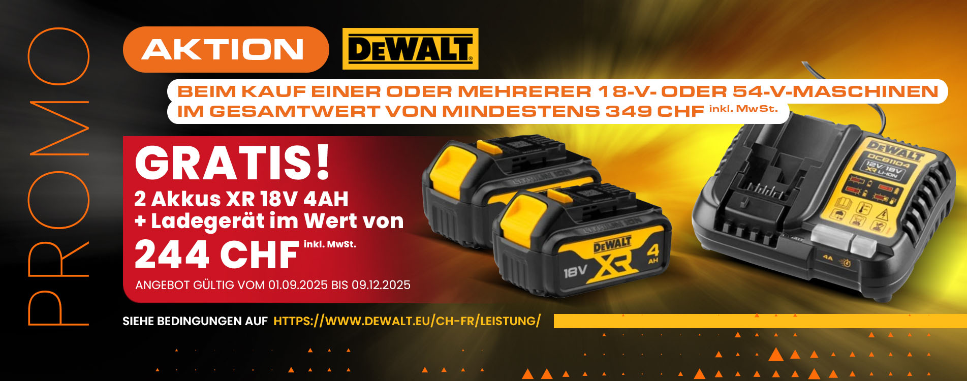 🟡 Erhalten Sie kostenlos ein Set mit 2 Akkus 4 Ah + Ladegerät von DeWalt