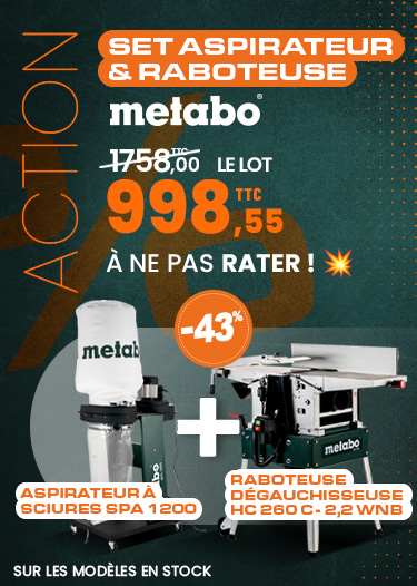Raboteuse Dégauchisseuse HC 260 C - 2,2 WNB + Aspirateur SPA 1200 Metabo Raboteuse Dégauchisseuse HC 260 C - 2,2 WNB + Aspirateur SPA 1200 Metabo