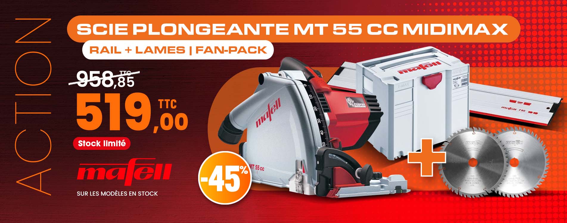 Scie plongeante MT 55 cc MidiMAX + Rail + Lames | Fan-Pack Mafell