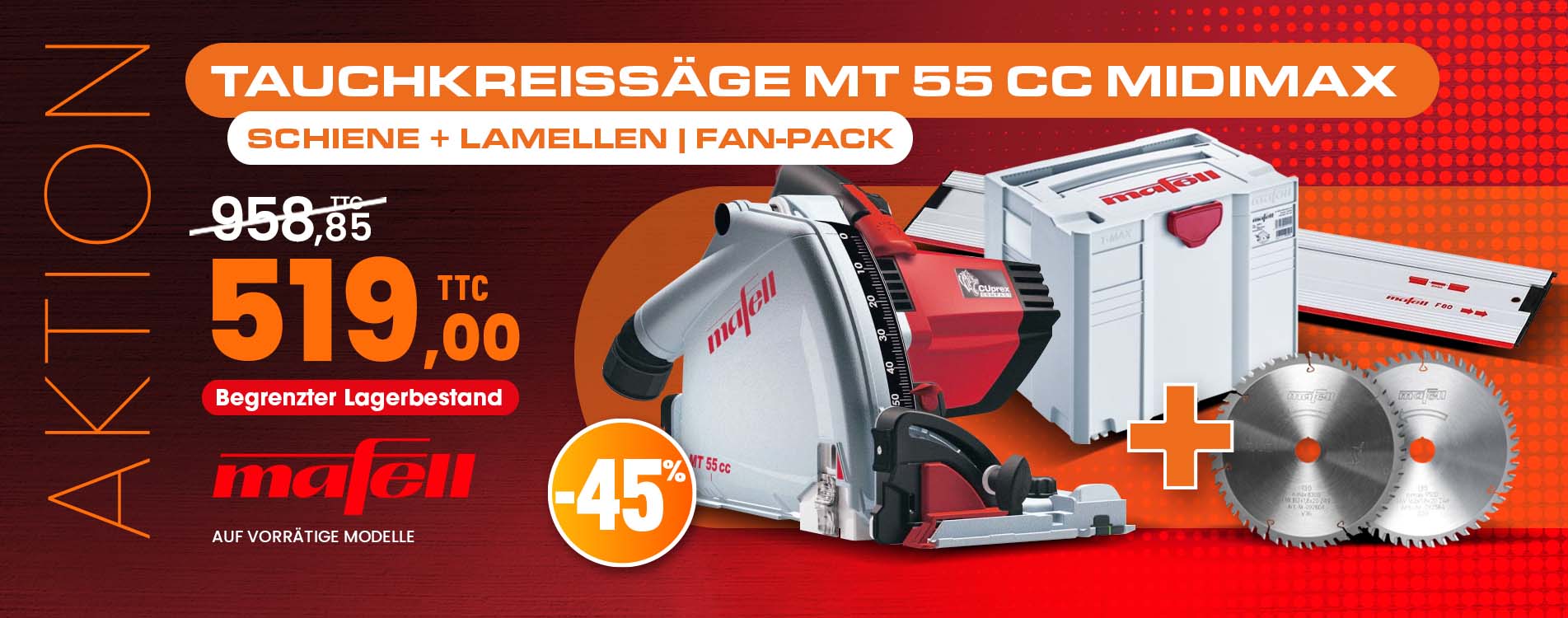 Tauchsäge MT 55 cc MidiMAX + Schiene + Sägeblätter | Fan-Pack Mafell