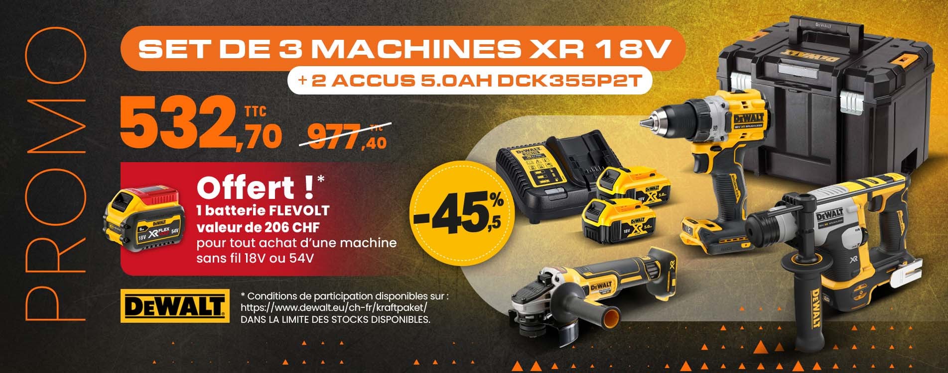 Set de 3 machines XR 18V + 2 Accus 5.0Ah DCK355P2T DeWalt