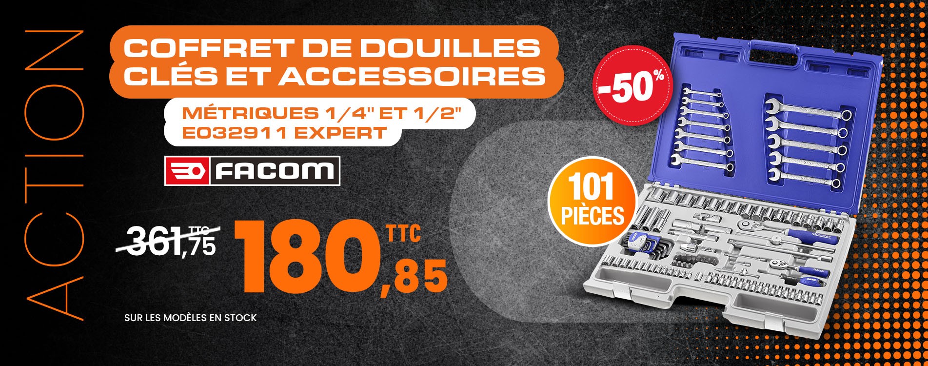 Coffret de douilles, clés et accessoires, métriques 1/4'' et 1/2", 101 pièces E032911 Expert by Facom