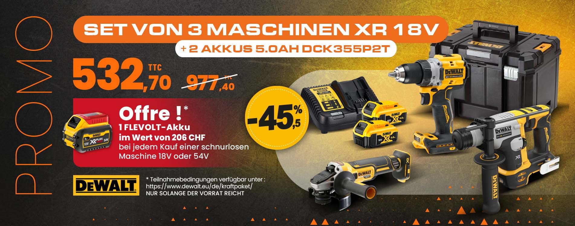 Set mit 3 Maschinen XR 18V ​​​​+ 2 Batterien 5,0 Ah DCK355P2T DeWalt